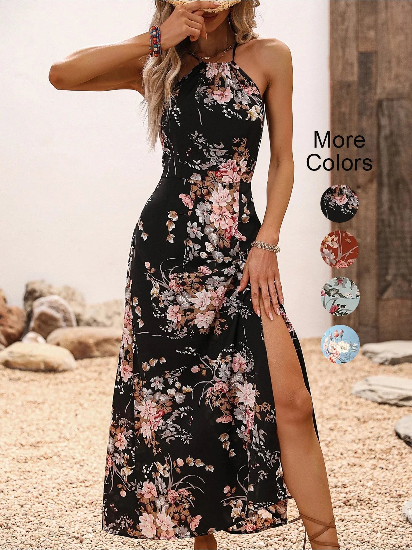 Vestido feminino floral com fenda sem mangas. - Avantche Ofc