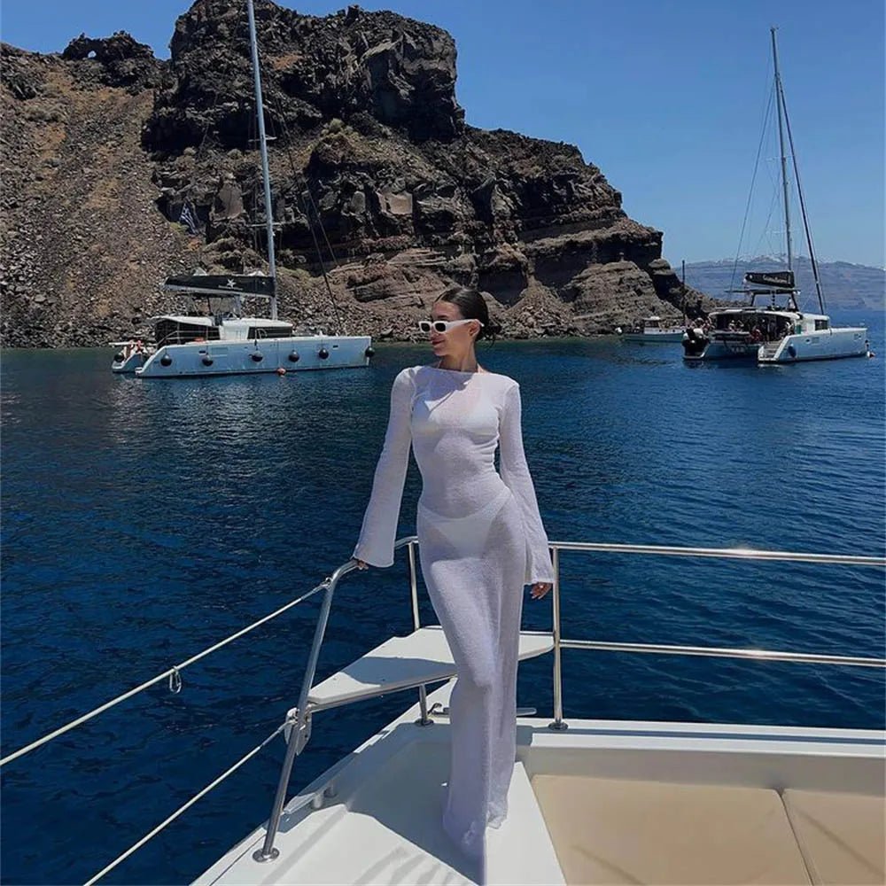 Vestido longo feminino manga comprida, sem costas. - Avantche Ofc