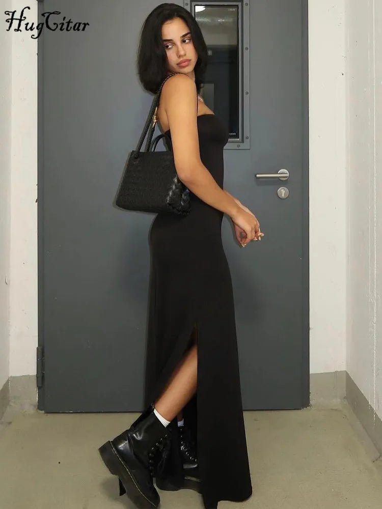 Vestido longo preto sem alças Hugcitar, sexy e justo ao corpo - Avantche Ofc